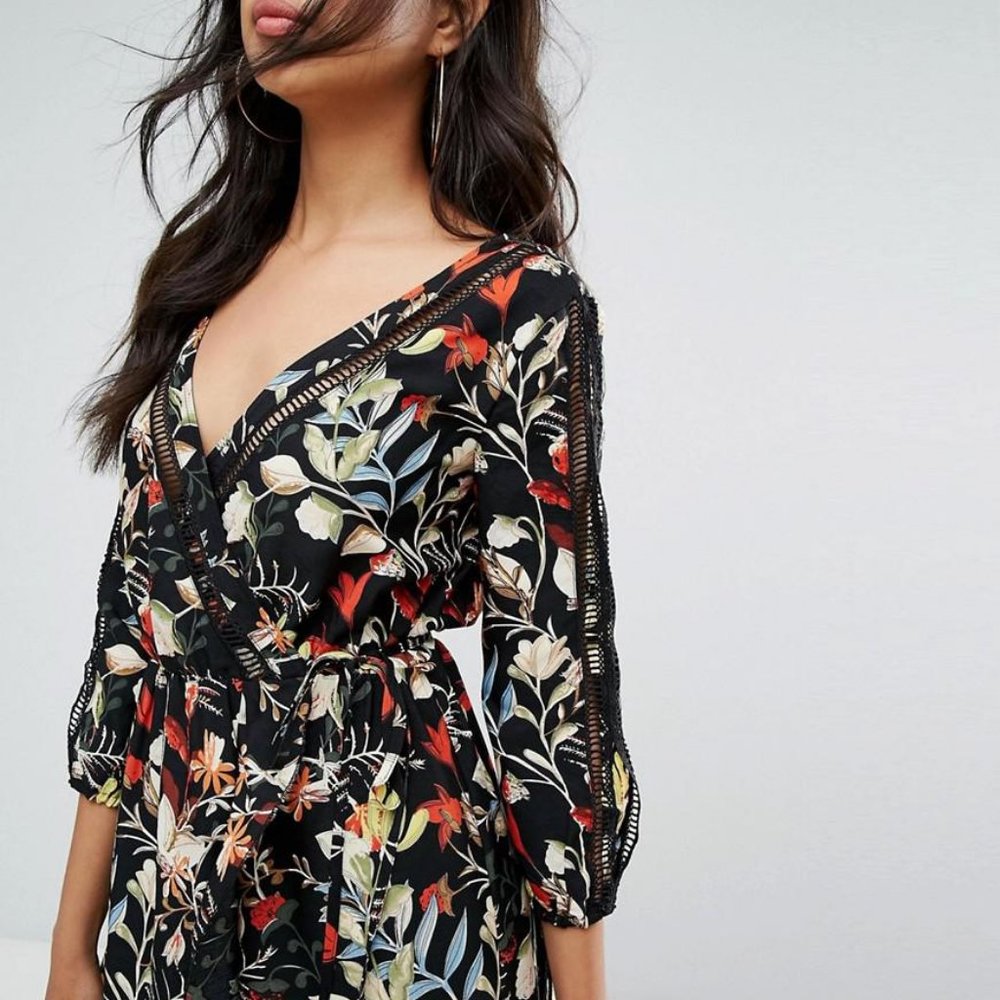 ASOS Boho Floral Wrap Midi Dress with Tie Sleeve